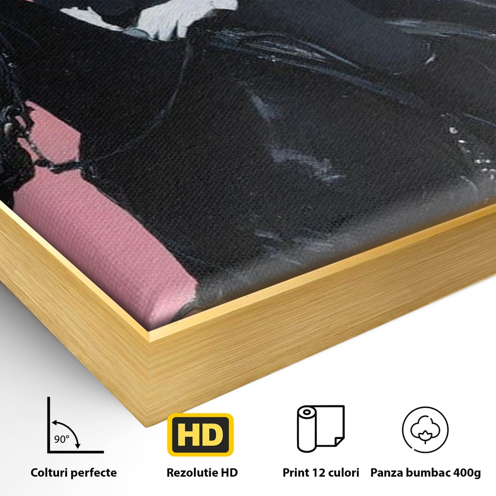 Detaliu al suprafetei: tablou canvas cu femeie calare, in rama de aluminiu auriu